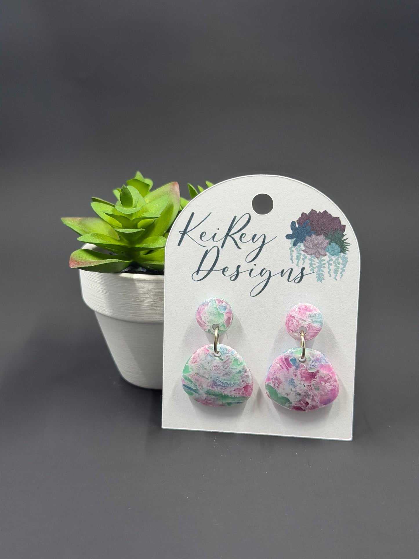 Pastel Marble Mini Circle Polymer Clay Dangle Earrings | Resin-Coated Statement Earrings | Handmade Two-Tier Watercolor Earrings | Lightweight Everyday Jewelry