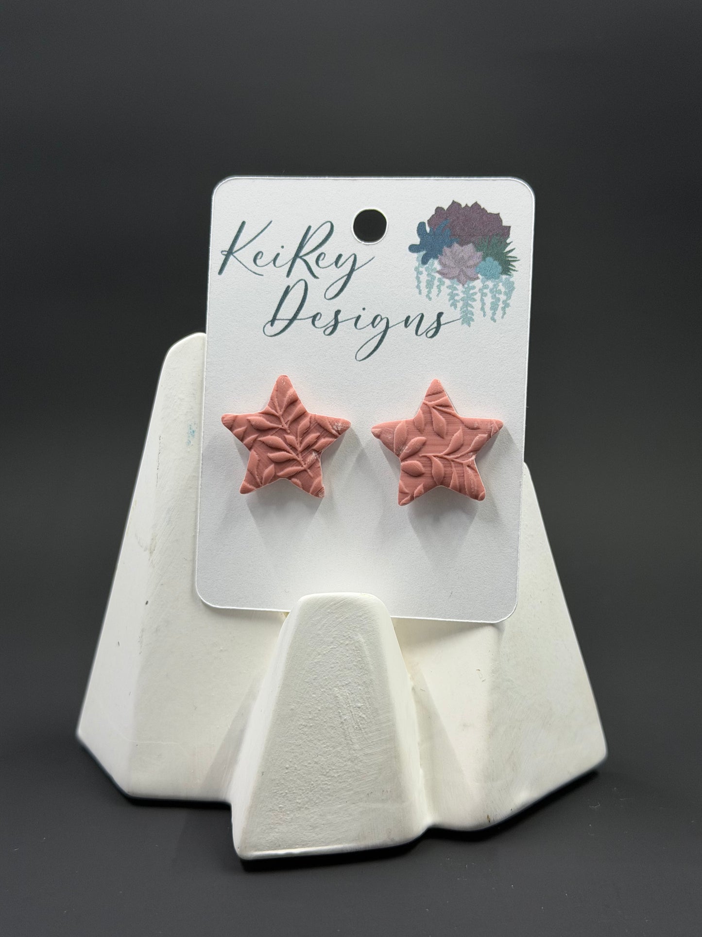 Dusty Rose Star Polymer Clay Stud Earrings | Handmade Botanical Embossed Earrings | Lightweight Celestial Earrings | Minimalist Floral Jewelry