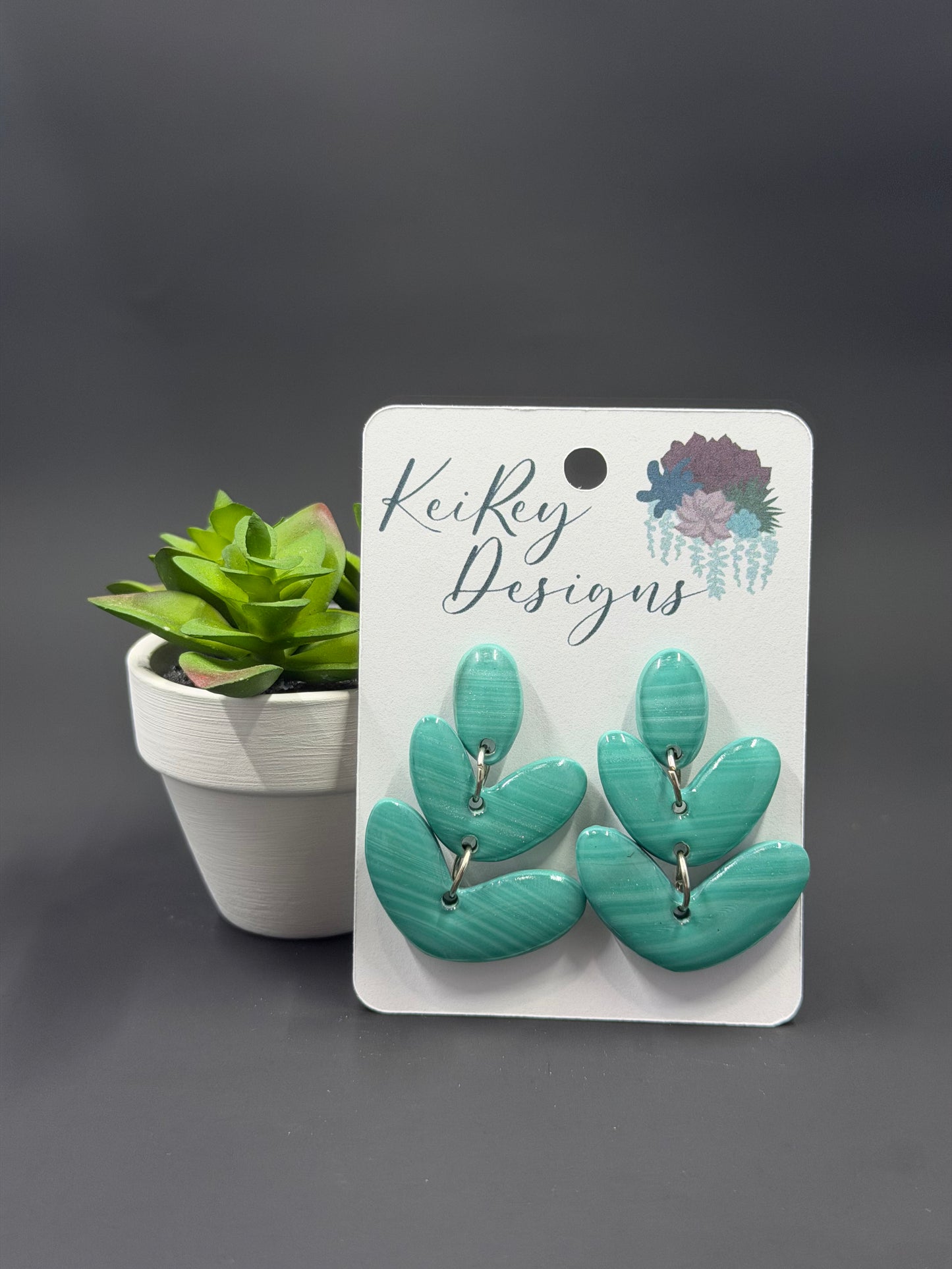 Teal Leaf Cascade Polymer Clay Dangle Earrings | Resin-Coated Statement Earrings | Handmade Three-Tier Drop Earrings | Lightweight Botanical Jewelry