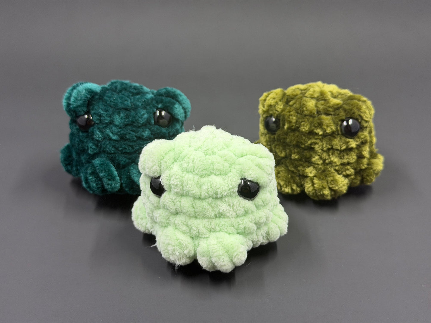 Garden Frog Trio | Handmade Amigurumi Frog Plush | Chunky Chenille Stuffed Animal | Nature-Inspired Colors | Bag Charm or Plush Toy