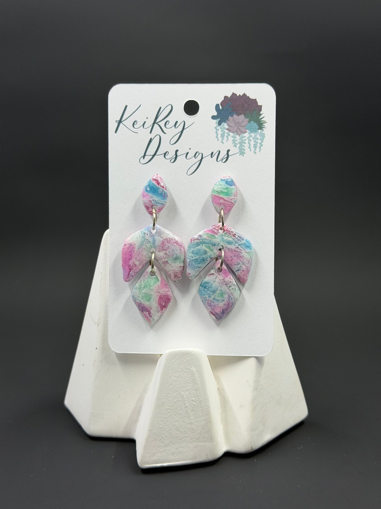 Pastel Marble Polymer Clay Dangle Earrings | Resin-Coated Statement Earrings | Handmade Three-Tier Drop Earrings | Lightweight Watercolor Jewelry