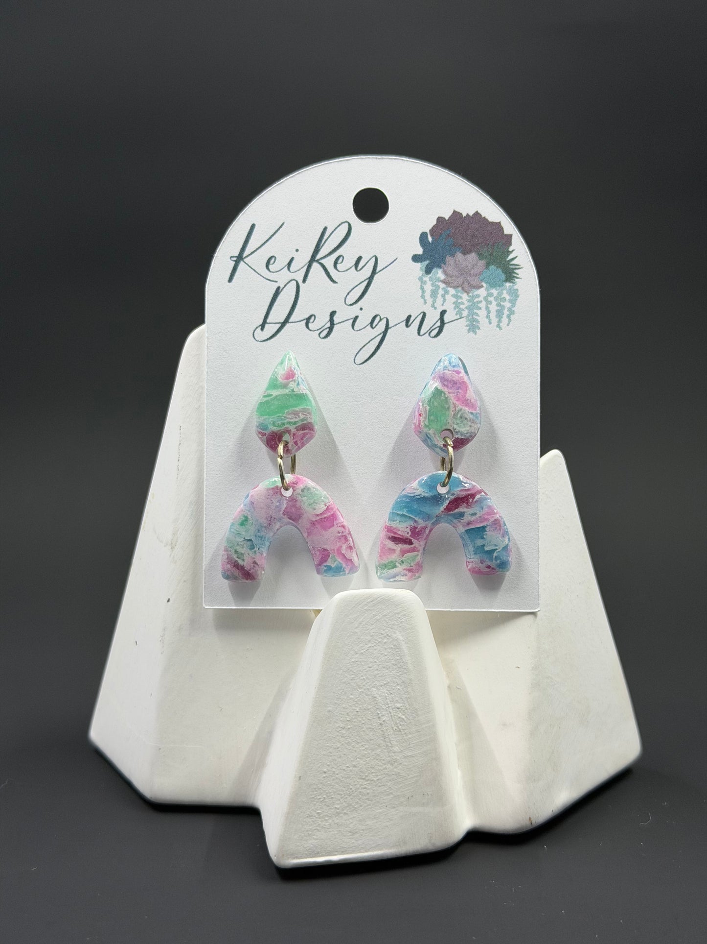 Pastel Marble Arch Polymer Clay Dangle Earrings | Resin-Coated Statement Earrings | Handmade Two-Tier Watercolor Earrings | Lightweight Boho Jewelry