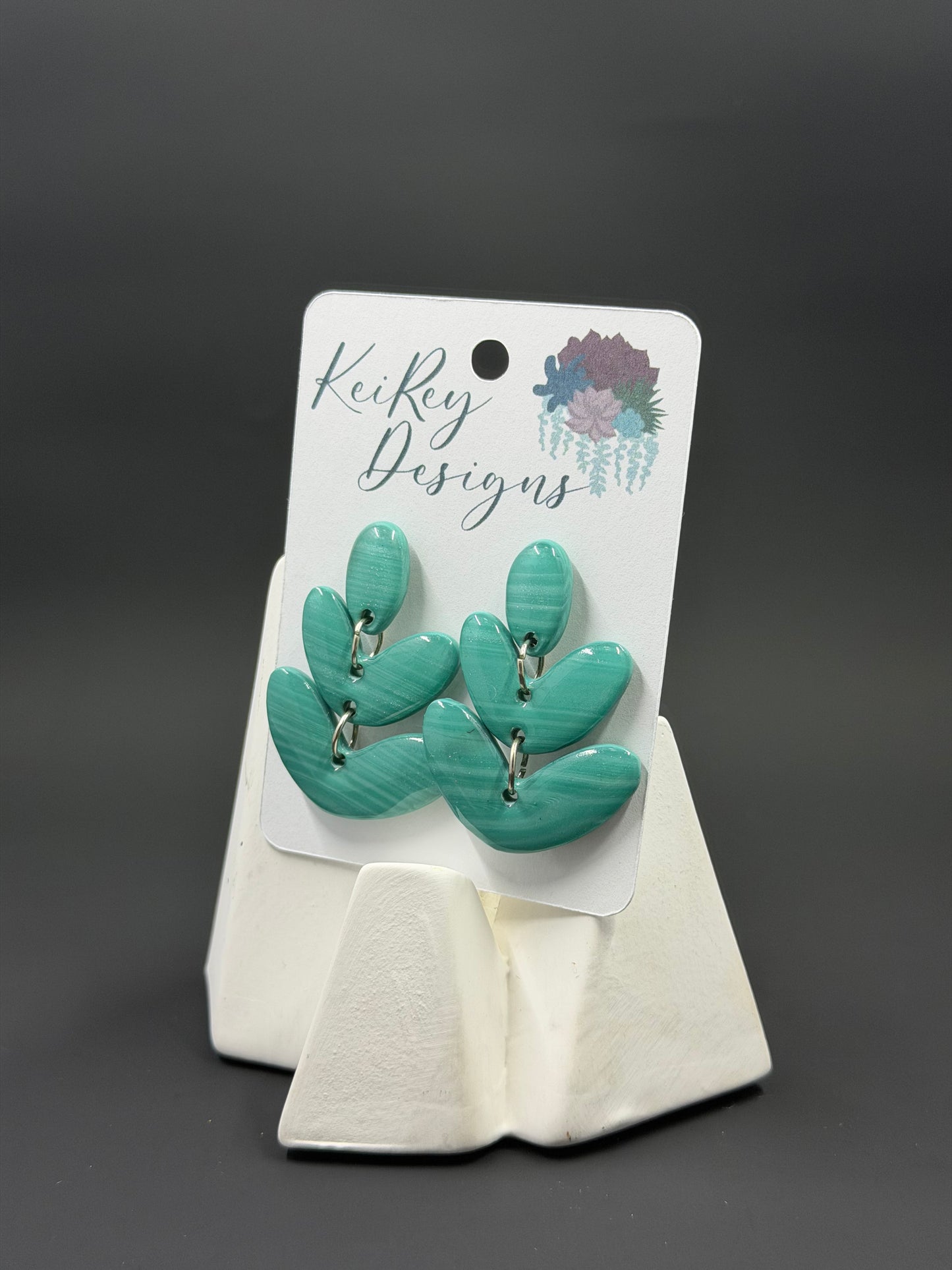Teal Leaf Cascade Polymer Clay Dangle Earrings | Resin-Coated Statement Earrings | Handmade Three-Tier Drop Earrings | Lightweight Botanical Jewelry