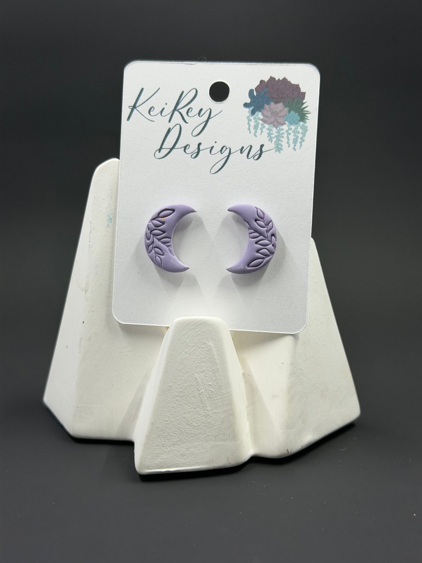 Lavender Crescent Moon Polymer Clay Stud Earrings | Handmade Botanical Embossed Earrings | Lightweight Celestial Earrings | Minimalist Witchy Jewelry