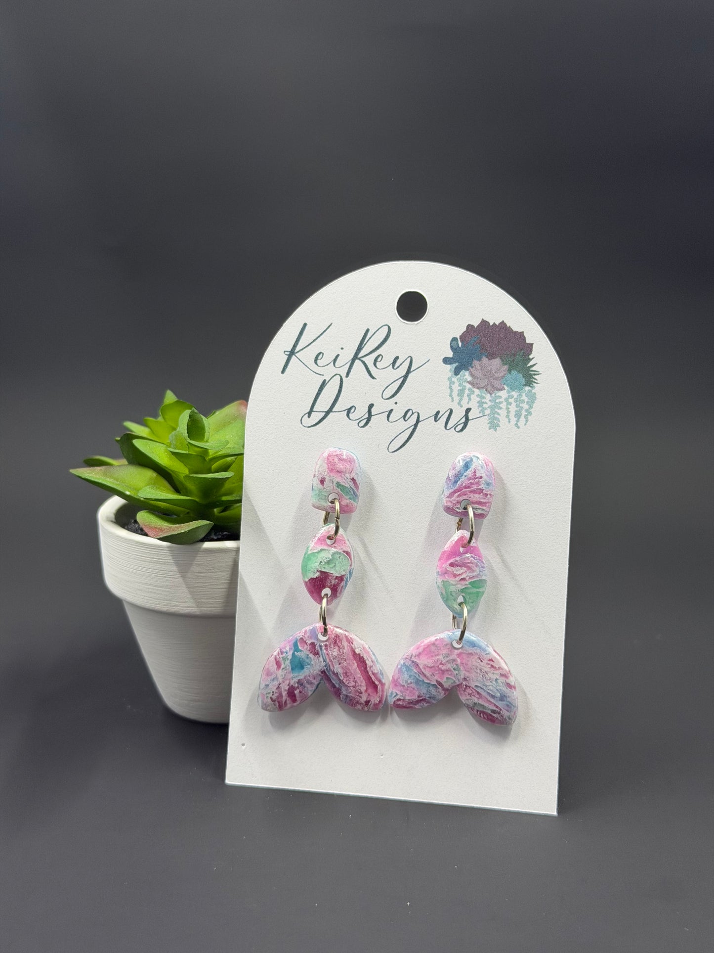 Pink Mermaid Tail Polymer Clay Dangle Earrings | Resin-Coated Statement Earrings | Handmade Whimsical Earrings | Lightweight Ocean Jewelry