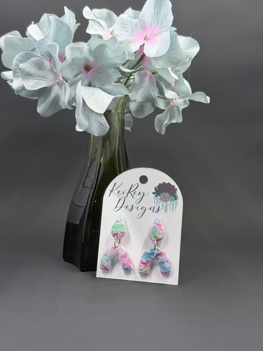 Pastel Marble Arch Polymer Clay Dangle Earrings | Resin-Coated Statement Earrings | Handmade Two-Tier Watercolor Earrings | Lightweight Boho Jewelry