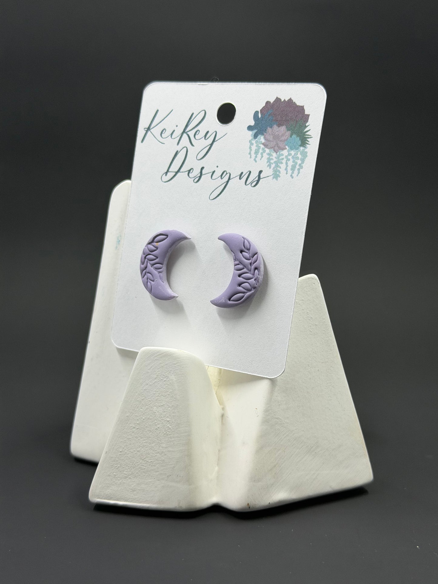 Lavender Crescent Moon Polymer Clay Stud Earrings | Handmade Botanical Embossed Earrings | Lightweight Celestial Earrings | Minimalist Witchy Jewelry