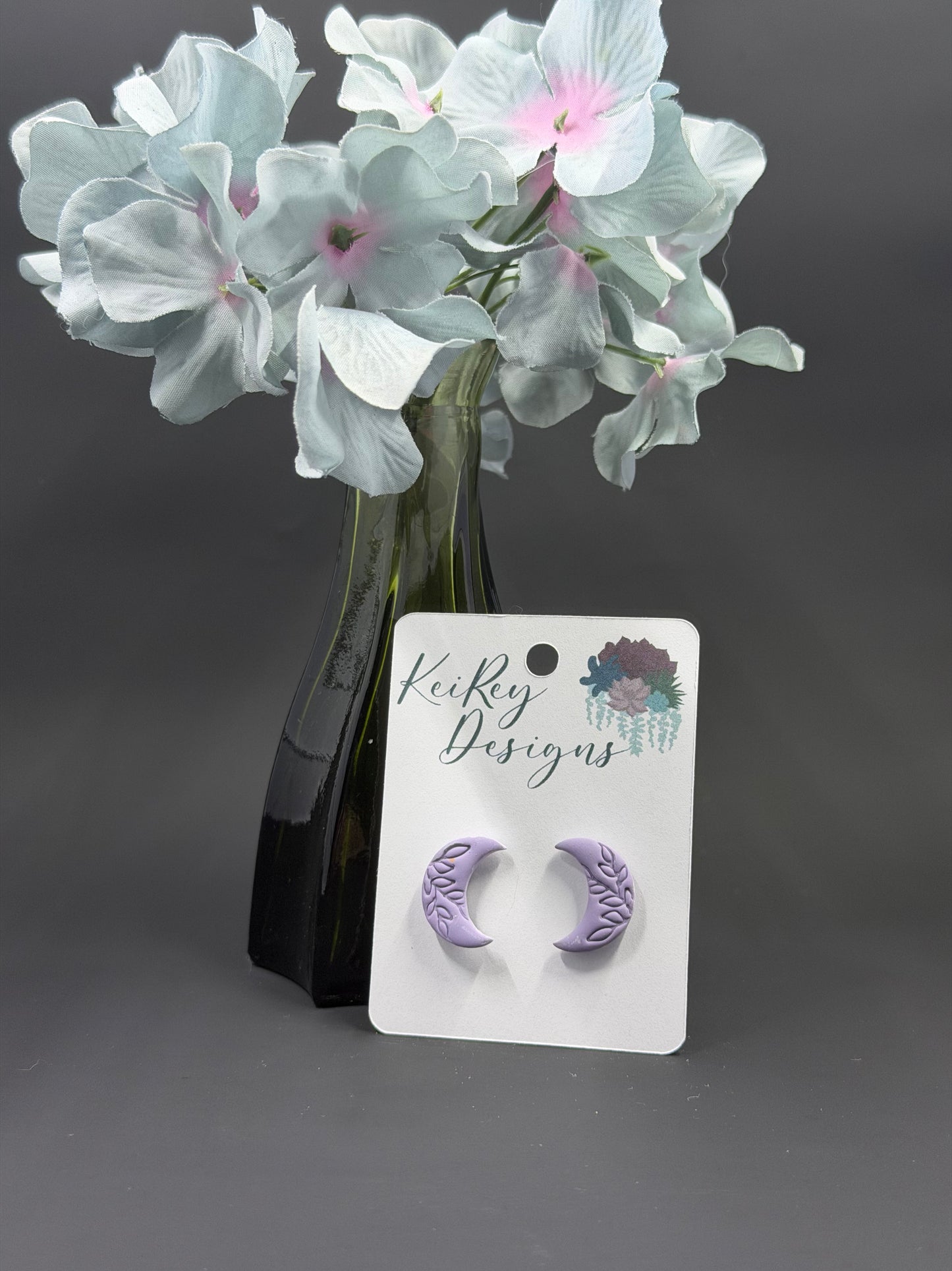 Lavender Crescent Moon Polymer Clay Stud Earrings | Handmade Botanical Embossed Earrings | Lightweight Celestial Earrings | Minimalist Witchy Jewelry