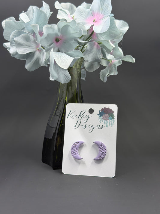 Lavender Crescent Moon Polymer Clay Stud Earrings | Handmade Botanical Embossed Earrings | Lightweight Celestial Earrings | Minimalist Witchy Jewelry