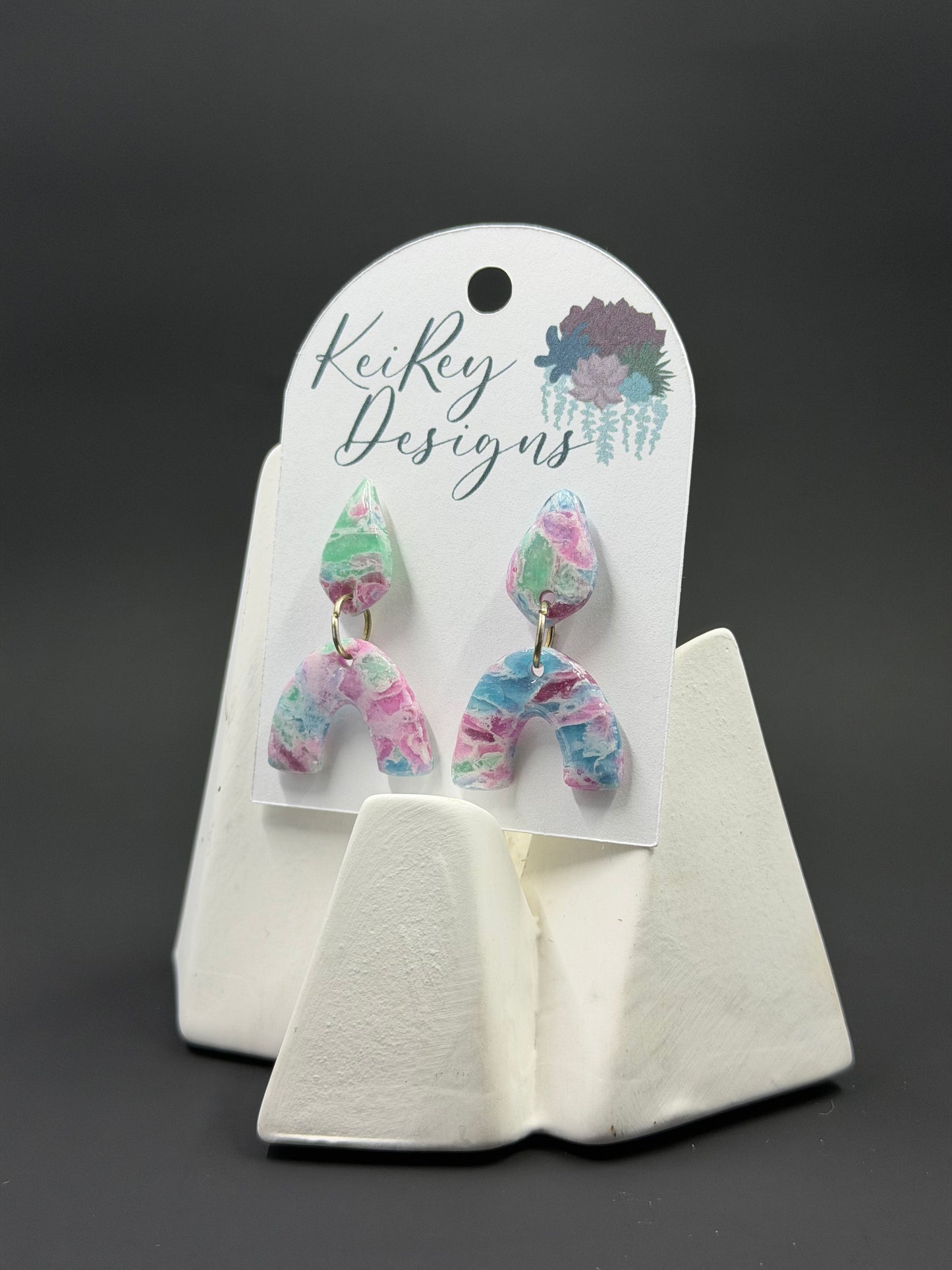 Pastel Marble Arch Polymer Clay Dangle Earrings | Resin-Coated Statement Earrings | Handmade Two-Tier Watercolor Earrings | Lightweight Boho Jewelry