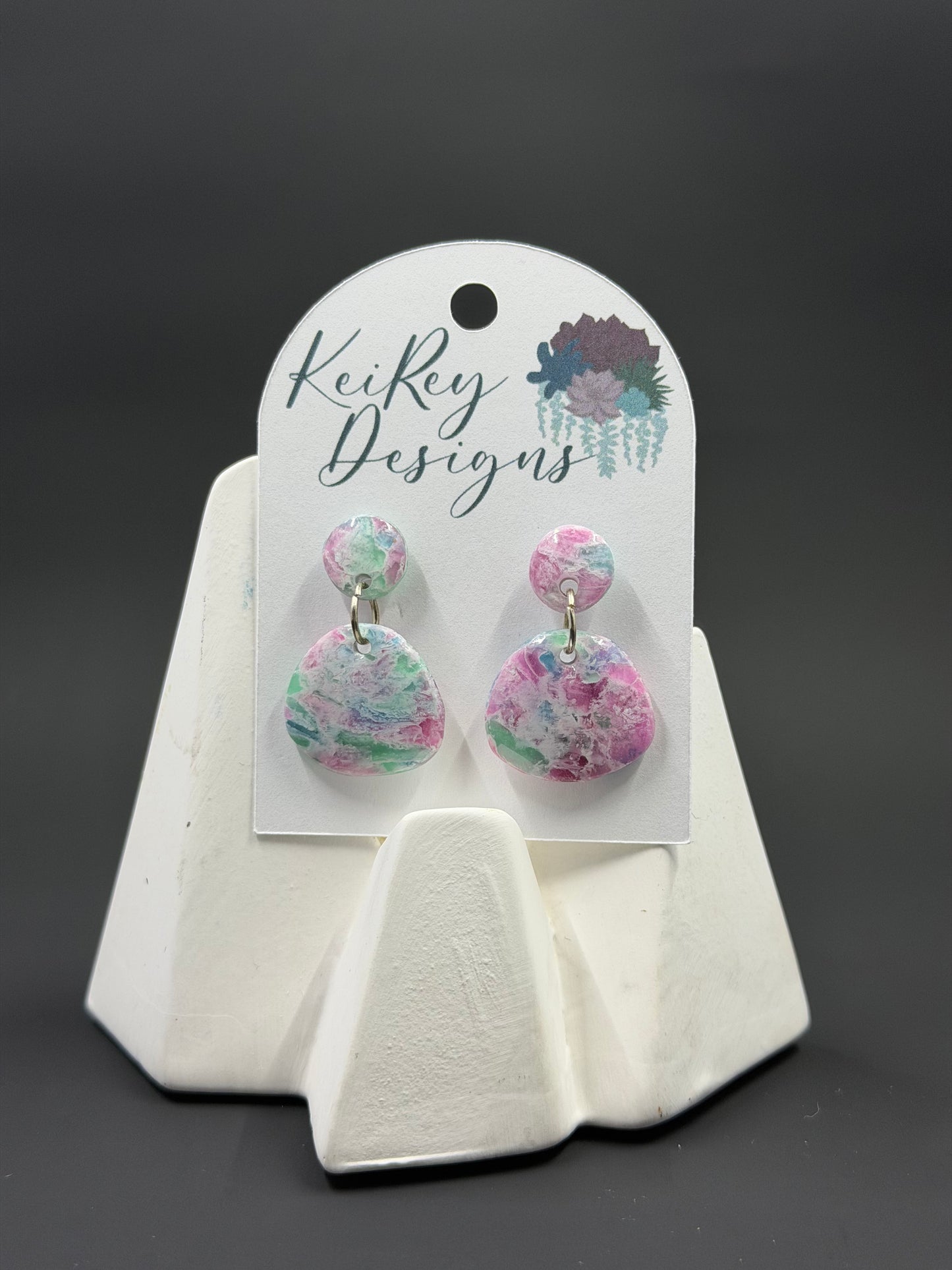 Pastel Marble Mini Circle Polymer Clay Dangle Earrings | Resin-Coated Statement Earrings | Handmade Two-Tier Watercolor Earrings | Lightweight Everyday Jewelry