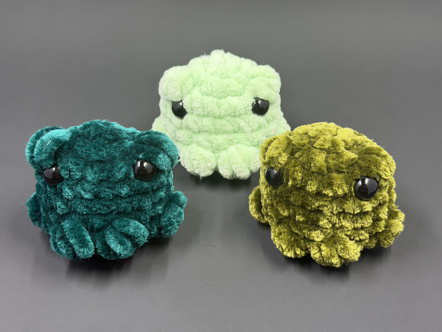 Garden Frog Trio | Handmade Amigurumi Frog Plush | Chunky Chenille Stuffed Animal | Nature-Inspired Colors | Bag Charm or Plush Toy