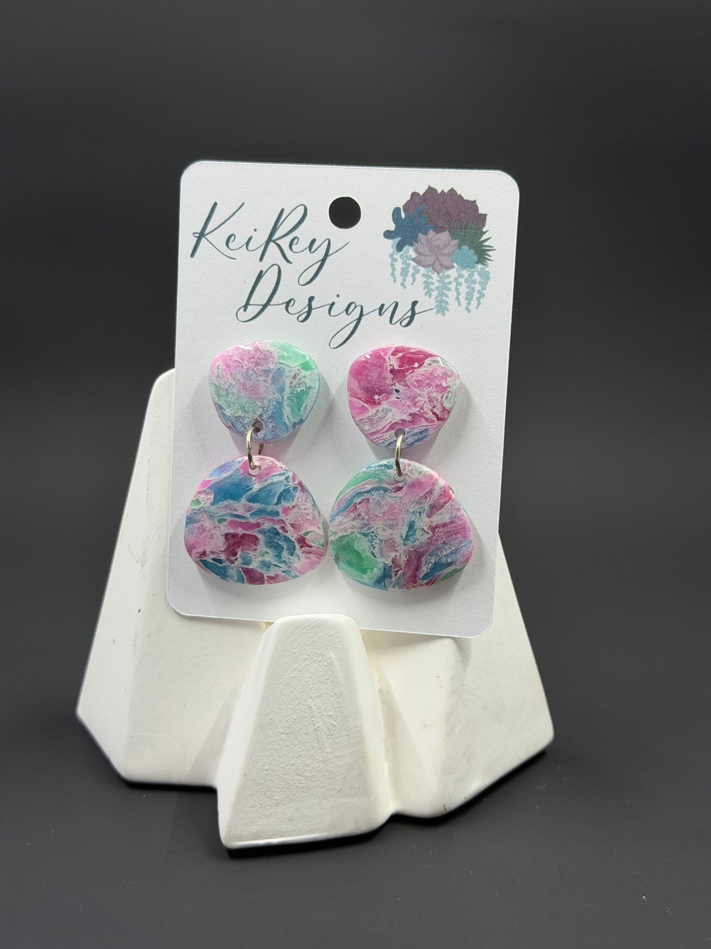 Pastel Marble Circle Polymer Clay Dangle Earrings | Resin-Coated Statement Earrings | Handmade Two-Tier Watercolor Earrings | Lightweight Boho Jewelry