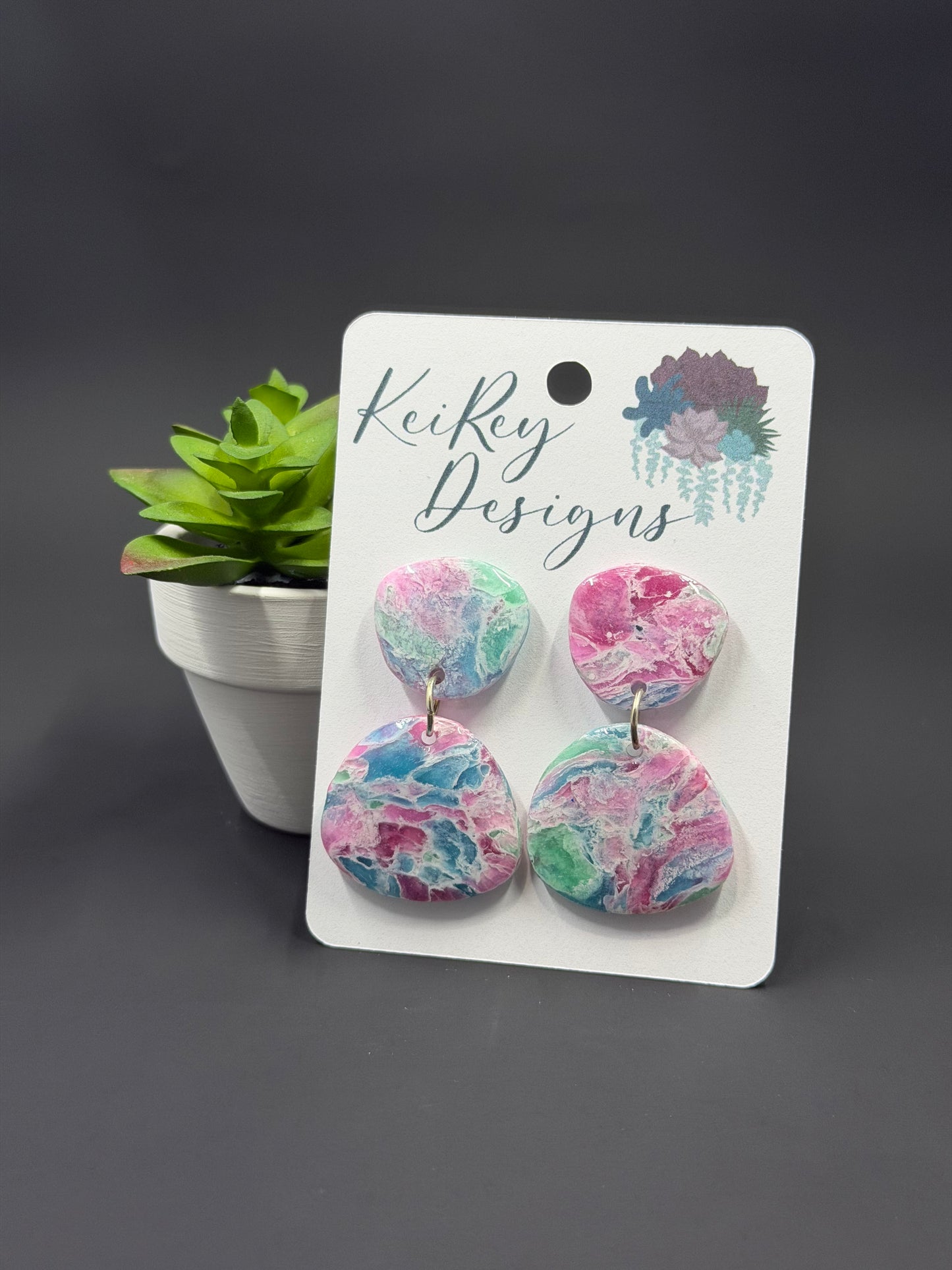 Pastel Marble Circle Polymer Clay Dangle Earrings | Resin-Coated Statement Earrings | Handmade Two-Tier Watercolor Earrings | Lightweight Boho Jewelry