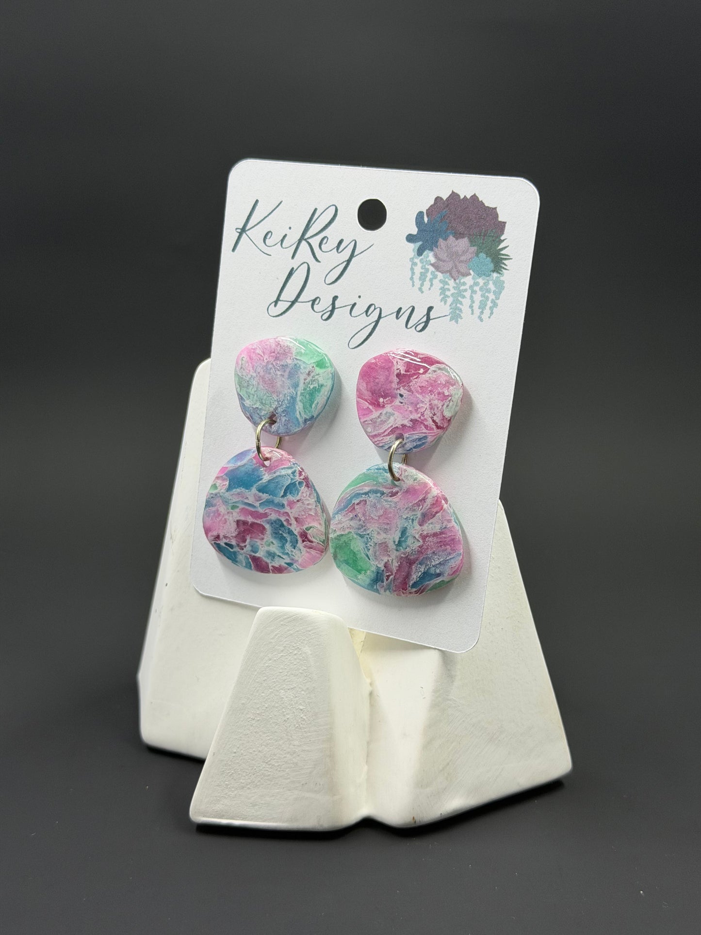 Pastel Marble Circle Polymer Clay Dangle Earrings | Resin-Coated Statement Earrings | Handmade Two-Tier Watercolor Earrings | Lightweight Boho Jewelry