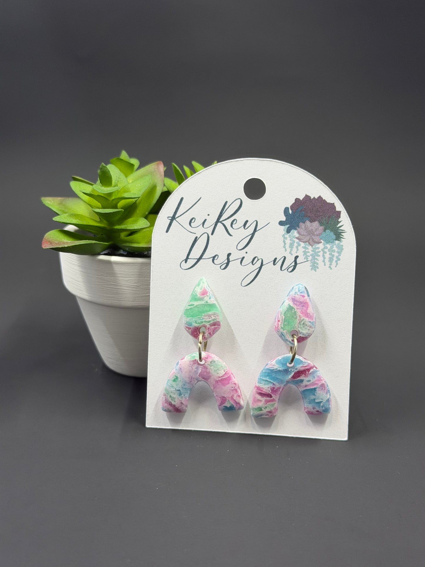 Pastel Marble Arch Polymer Clay Dangle Earrings | Resin-Coated Statement Earrings | Handmade Two-Tier Watercolor Earrings | Lightweight Boho Jewelry
