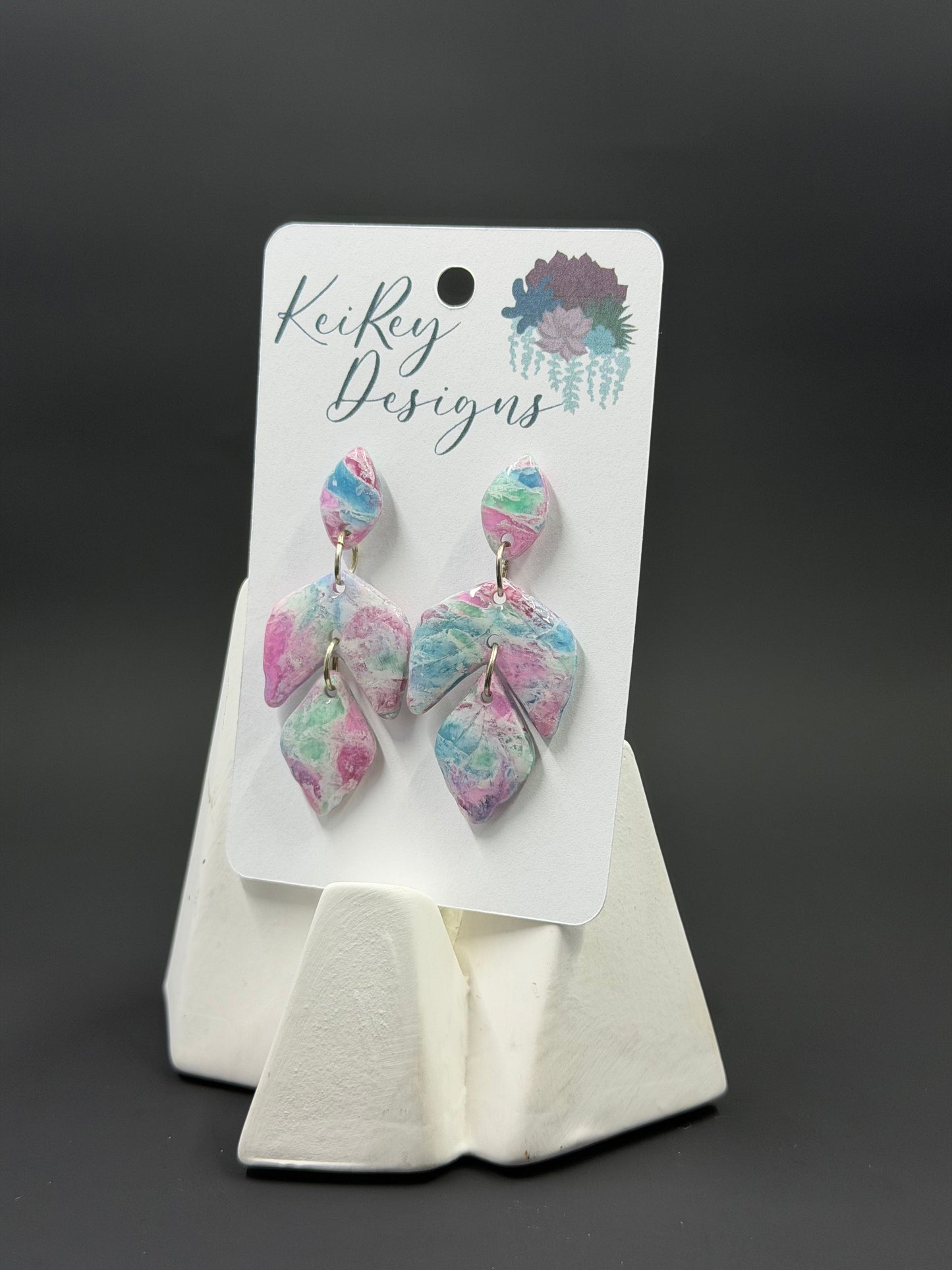Pastel Marble Polymer Clay Dangle Earrings | Resin-Coated Statement Earrings | Handmade Three-Tier Drop Earrings | Lightweight Watercolor Jewelry